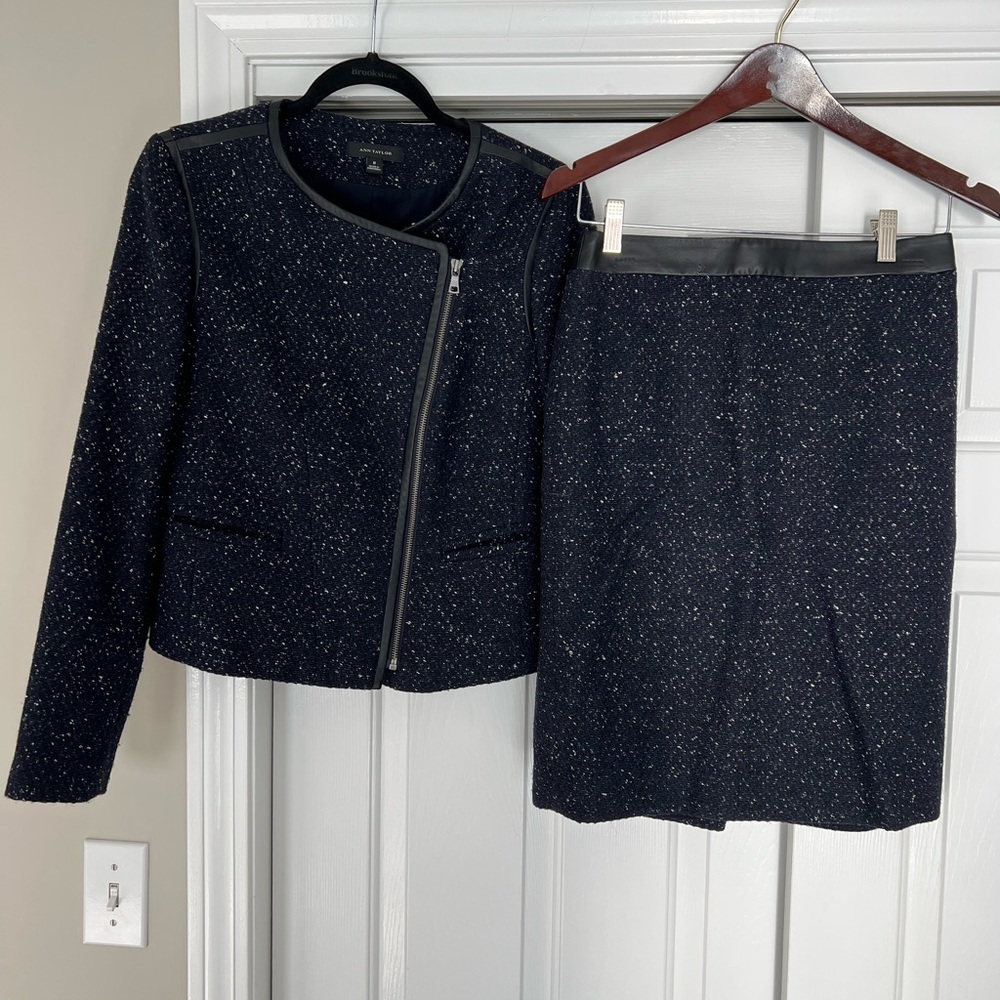 Ann Taylor navy tweed suit with black leather trim, size 6
